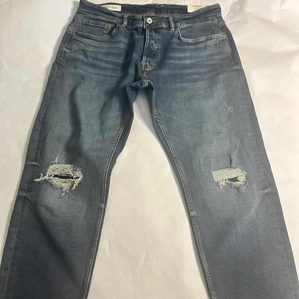 Zara Man Distressed Skinny Jeans Mens 36x30 Button Fly Denim Blue Dark